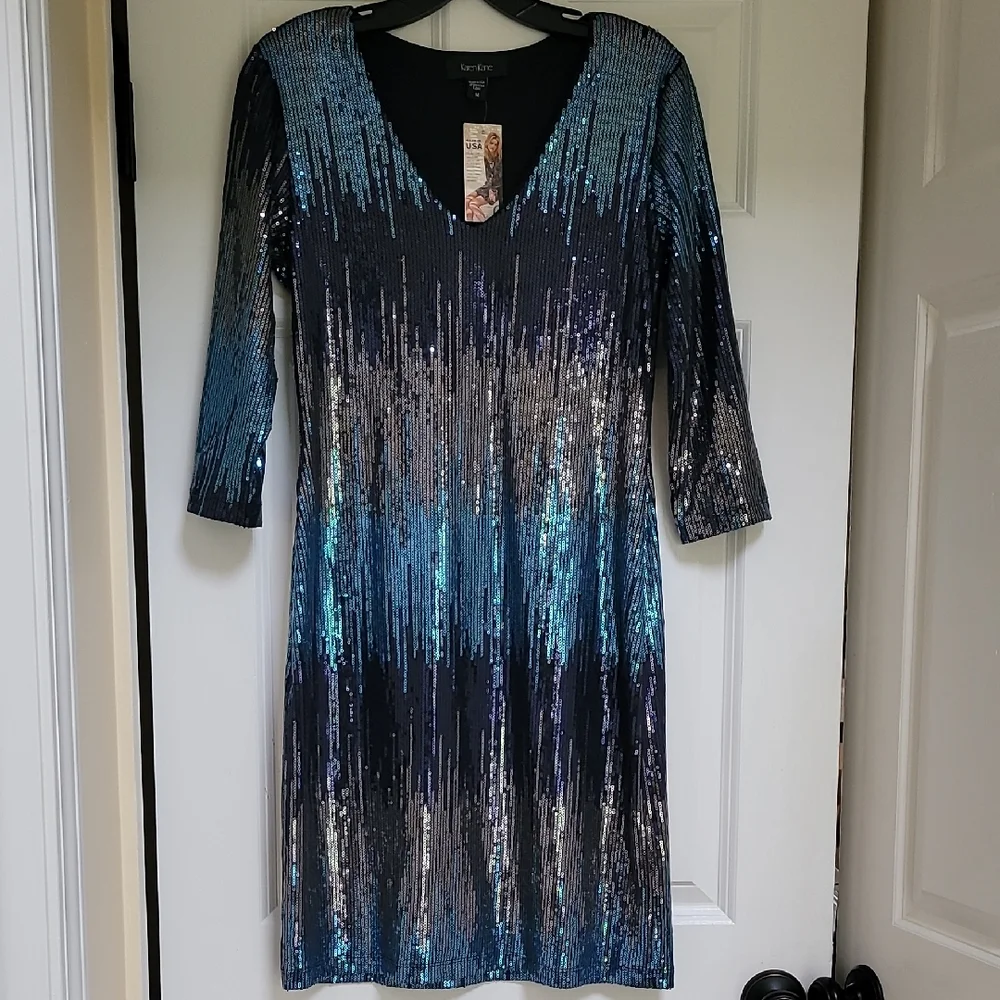 Karen Kane Blue Waterfall Sequin Sheath Dress - Picture 2 of 15
